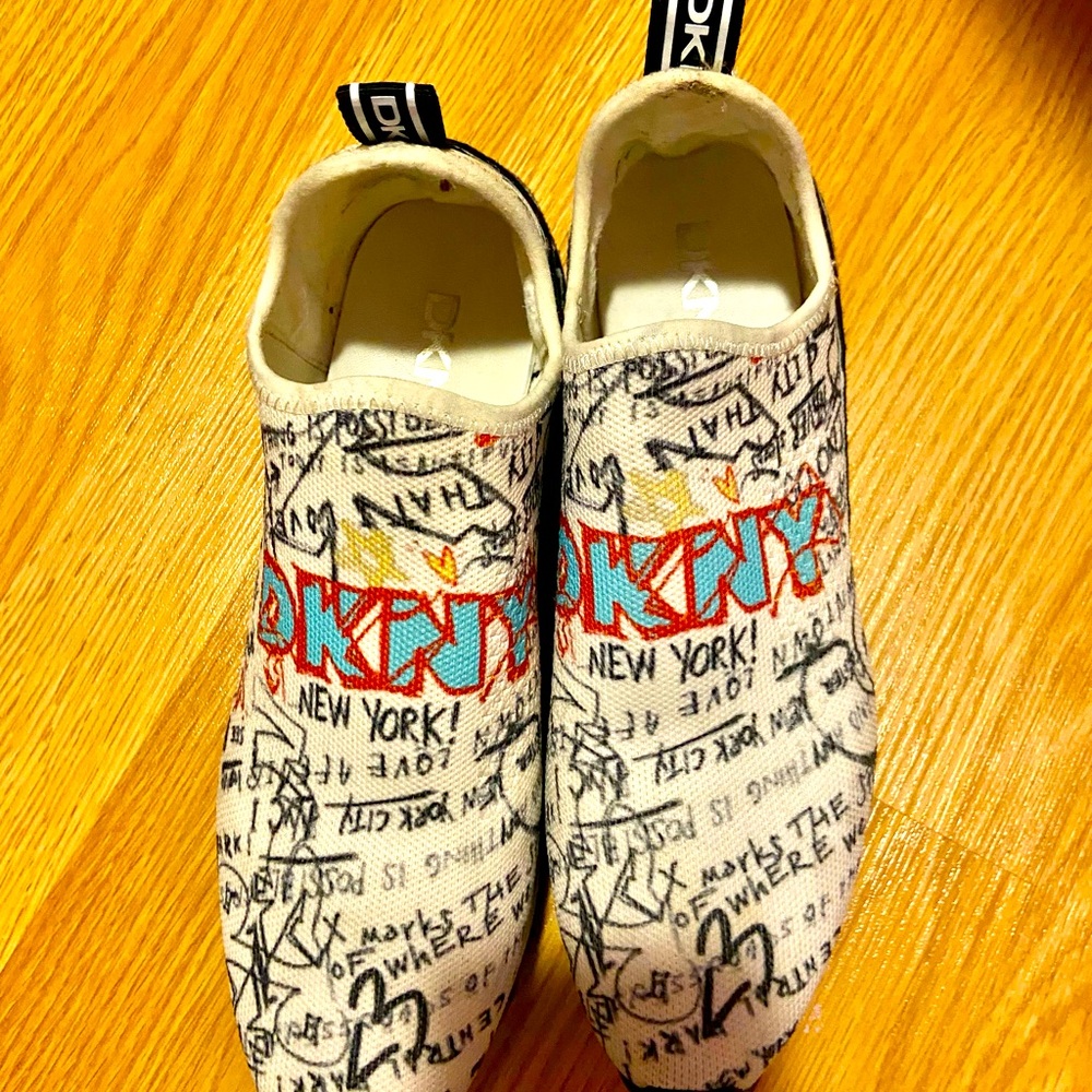 DKNY White and Black Graffiti Sneakers